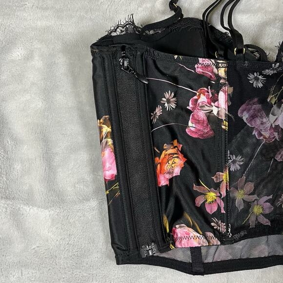 Victorias Secret Very Sexy Black Floral Satin Bustier Corset Top 32D Zipper NWT - Picture 6 of 13